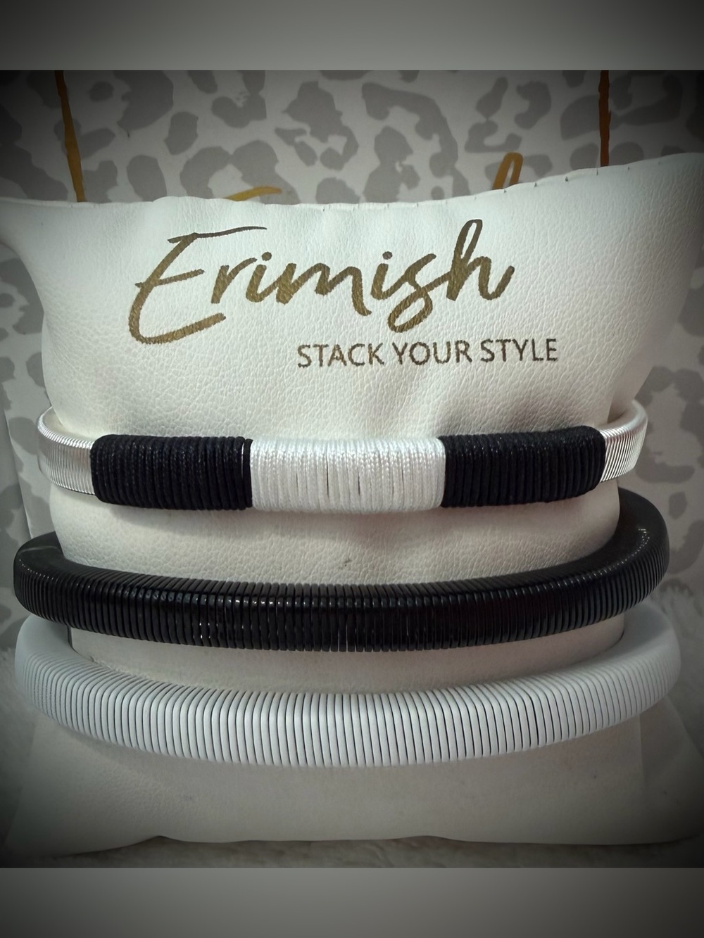 New ERIMISH Bracelets - 3 pc Stack - Black, White & Silver Bangles